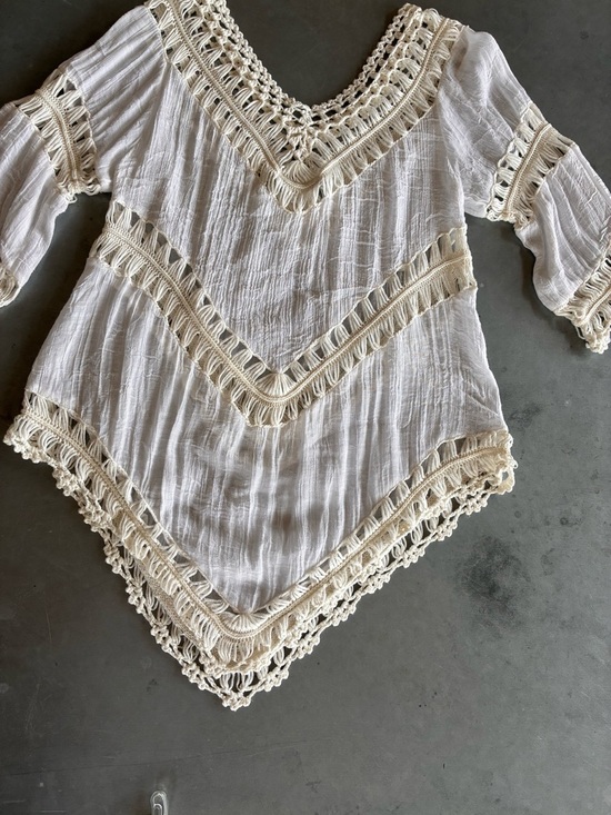 Pretty Angel Tops - Pretty Angel Cream and White Crochet-Trim Peasant Tunic